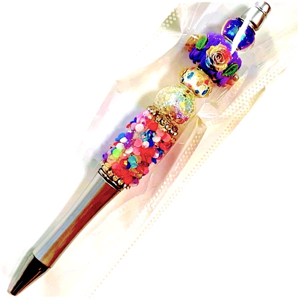 Beaded Pen Colorful Floral Themed with Purple, Pink, Red, & Silver Accents - Picture 2 of 4